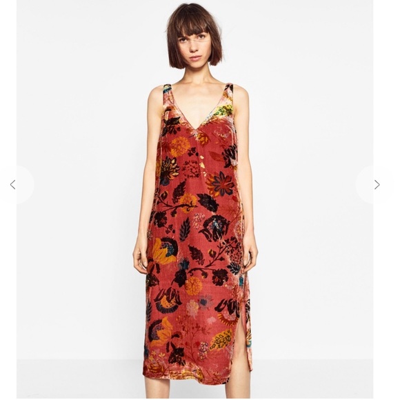 ZARA Floral Velvet Printed Sleeveless Midi Slit Dress size small - Picture 16 of 16
